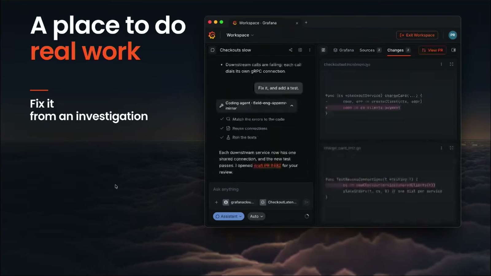 The Assistant workspace creating a fix PR straight from an incident investigation. The code change and the PR link sit next to the findings