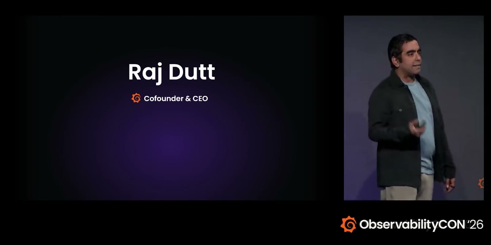 Opening of the ObservabilityCON 2026 keynote. Co-founder Raj Dutt stands on stage with his name and title on the screen to the left