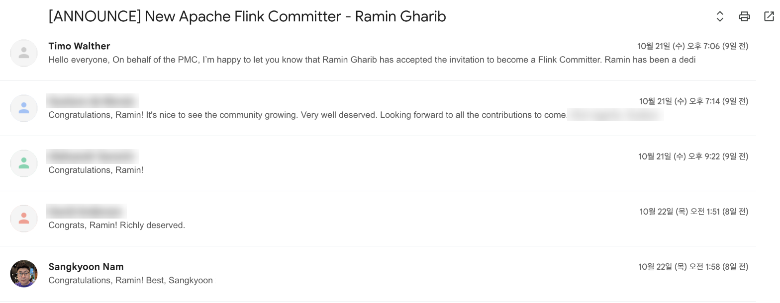 The new committer announcement thread on the Flink dev mailing list. Under the first message, which announces on behalf of the PMC that Ramin Gharib has accepted the invitation to become a committer, congratulations follow, with my short reply at the bottom