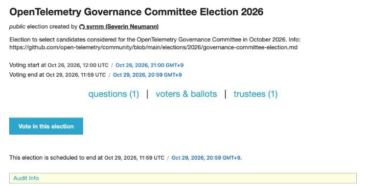 The OpenTelemetry Governance Committee election page on the Helios voting system. It shows when voting opens and closes and a button to vote