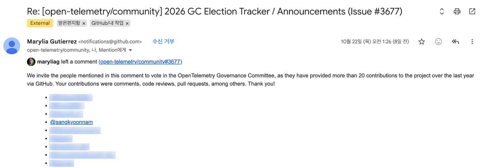 An email notification of a comment on the election issue in the OpenTelemetry community repository. Below a sentence inviting everyone with more than 20 contributions on GitHub in the past year, my username sits among other contributors