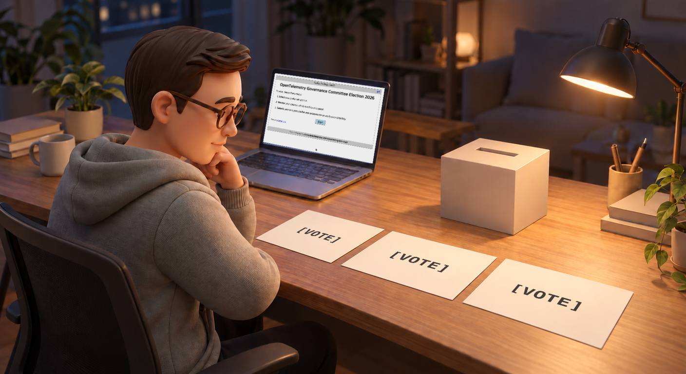 A character sitting at a desk at night. The laptop shows the OpenTelemetry Governance Committee ballot, and three cards marked VOTE lie on the desk