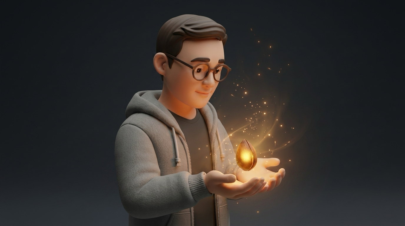 작은 amber 씨앗을 손에 받쳐든 캐릭터 — 좋았던 한 장면을 다시 들여다보다